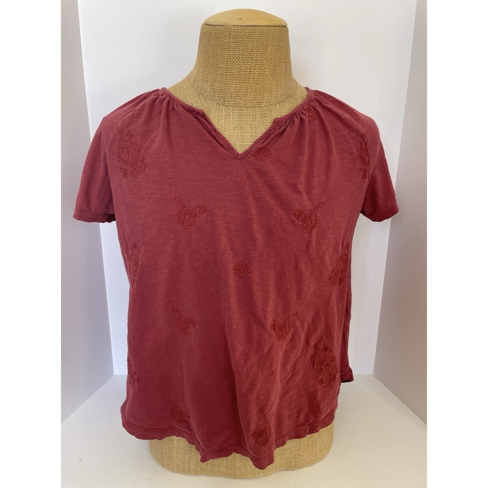 Eddie Bauer Womens‎ Large Red Embroidered Paisley Short Sleeve Top Boho